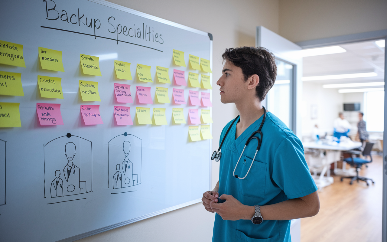 A thoughtful young medical resident looking at a whiteboard covered with colorful sticky notes and diagrams representing their goals for backup specialties. The room is sparsely decorated, showing a glimpse of a busy medical environment through an open door. The lighting is bright, emphasizing clarity and focus, reflecting the individual's determination to explore and organize their aspirations within the medical field.