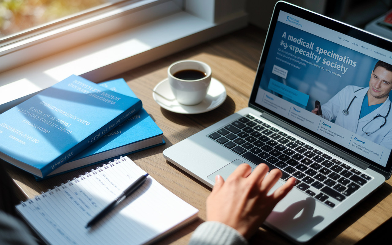 An individual browsing the website of a medical specialty society on a laptop, with a cup of coffee and medical journals spread around. Soft morning light streams through a window, creating a warm and inviting study environment. The screen displays information about career paths and training requirements, while a notepad beside them is filled with detailed notes and highlights from their research.