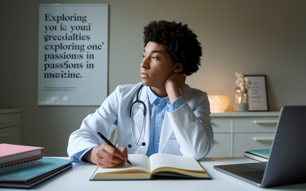 A thoughtful medical student seated at a table, with a journal open in front of them, reflecting on their research about backup specialties. The room has soft, natural lighting and a motivational poster on the wall about exploring one's passions in medicine. The desk is neat with study materials and a laptop, emphasizing the contemplative and organized nature of their process.