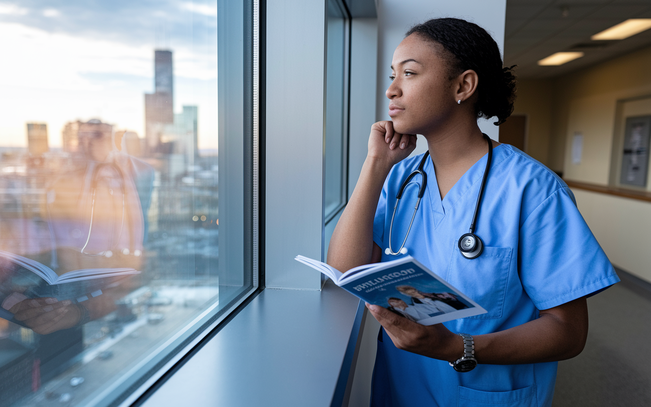 A thoughtful medical student gazing out of a hospital window, reflecting on future career choices. The student, wearing scrubs, has a pensive expression holding a stethoscope in one hand and flipping through a specialty brochure in the other. Light streams through the window illuminating the student’s face, creating an ambiance of hope and contemplation. Outside, a bustling cityscape indicates a world of opportunities. The scene captures the essence of decision-making and aspiration during the residency match process.