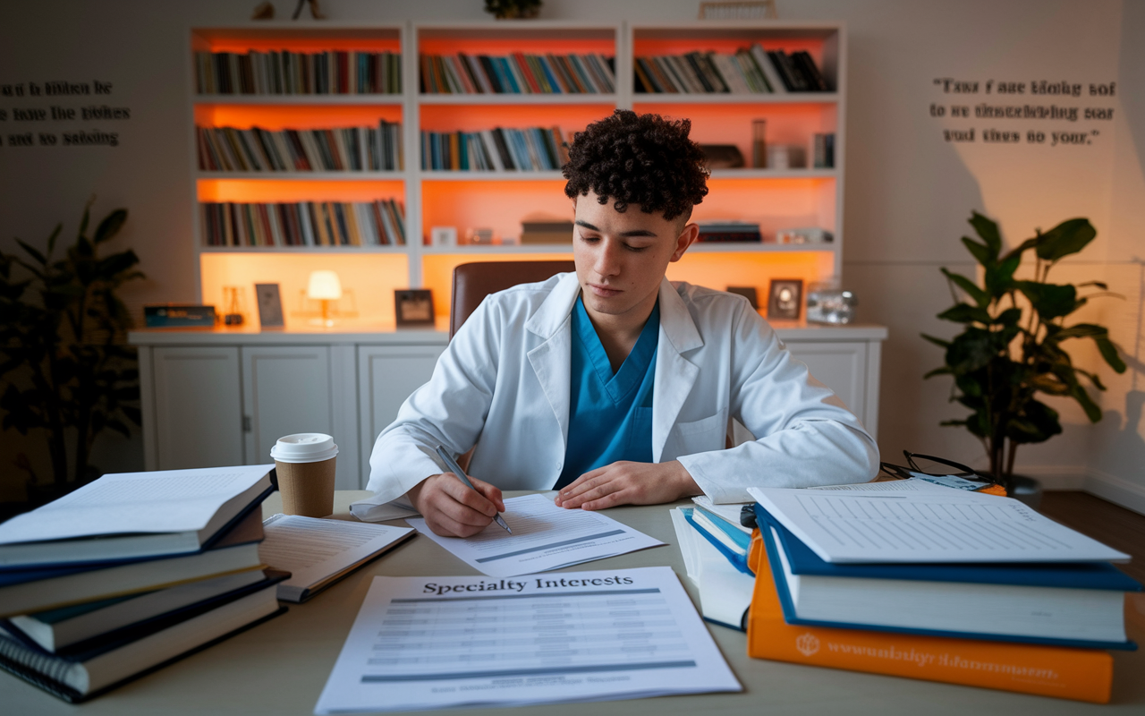 A young medical student seated at a desk cluttered with textbooks and notes, engaged in self-assessment. The student is filling out a form titled 'Specialty Interests' with a focused expression. The setting is a quiet study room with bookshelves filled with medical literature, soft warm lighting illuminating the workspace. A cup of coffee on the desk hints at long study sessions, while motivational quotes on the wall inspire determination. The overall atmosphere conveys introspection and commitment to personal growth.