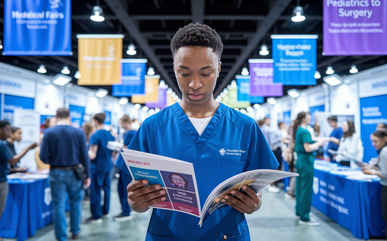 A medical resident browsing various specialty brochures at a bustling medical fair. The resident, wearing scrubs, has an intrigued expression as they examine options from pediatrics to surgery. The environment is vibrant, filled with banners and information booths representing different specialties, with lively interactions happening around. Bright lighting gives the scene an exciting feel, symbolizing the many paths a medical career can take. The image conveys a spirit of exploration and possibility.