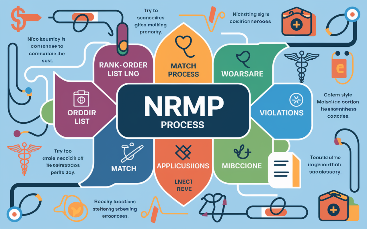 A detailed infographic illustrating the NRMP Match process. Key elements such as 'Rank-Order List', 'Match Day', and 'Applicant Violations' are highlighted. The background features a blend of medical symbols like stethoscopes and caduceus. The infographic is colorful and informative, designed in a clean, modern style to visually communicate the complexity of the matching process.