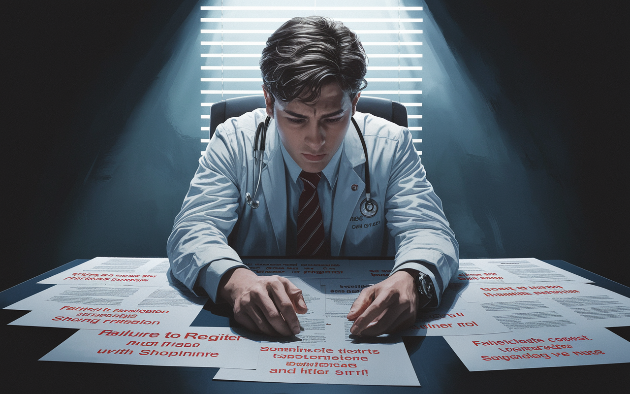 A visually striking tableau showcasing a medical student at a desk, grappling with the complexities of the NRMP Match rules. The student is depicted with a worried expression, surrounded by papers marked with red flags highlighting common violations, such as 'Failure to Register', 'Inaccurate Information', and 'Sharing ROL'. The atmosphere is tense, illuminated by harsh fluorescent lighting creating strong contrasts that accentuate the seriousness of the situation. The art style is a blend of realism and dramatic expressionism.