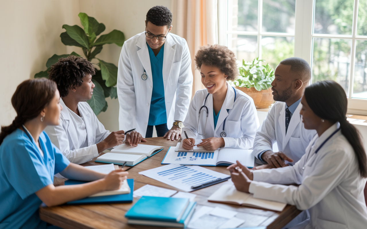 A vibrant scene depicting diverse medical students engaging collaboratively in a study group, discussing NRMP Match strategies. They are gathered around a large table filled with medical books, laptops, and charts. The environment radiates teamwork and positivity under soft natural lighting coming from a nearby window, showcasing a sense of community and shared purpose. The style is warm and inviting, capturing the essence of mentorship and collaboration.