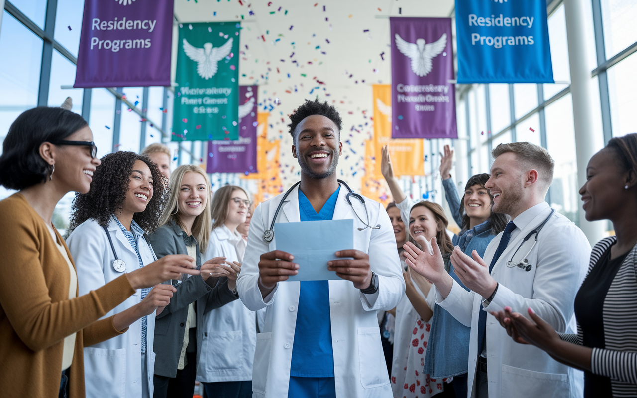 An inspirational scene of a medical student receiving their match results on Match Day. The student stands in a jubilant crowd, holding a match envelope with a beaming smile, surrounded by fellow applicants sharing their excitement. Confetti fills the air, creating a celebratory atmosphere. The setting is bright and colorful, with banners representing different residency programs in the background. The style is vibrant and uplifting, capturing the joy and hope of the moment.