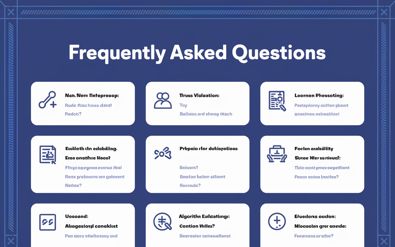 A clean and organized layout of a frequently asked questions (FAQ) section regarding the NRMP Match. Each question is highlighted with icons representing topics such as rules violation, deadlines, and algorithm explanations. The background features a calming blue color suggesting trust and reliability, with a decorative border making it visually appealing. The style is professional and educational, suitable for students preparing for the residency match.