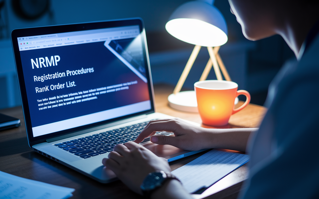 A close-up of a medical student studying NRMP guidelines, with focus on a computer screen displaying the NRMP official website. The screen shows text about 'Registration Procedures' and 'Rank Order List.' A coffee mug sits beside the laptop, glowing softly under a desk lamp, creating a studious atmosphere. The room is dim but cozy, with an inviting ambiance reflecting a late night of diligent study and preparation.