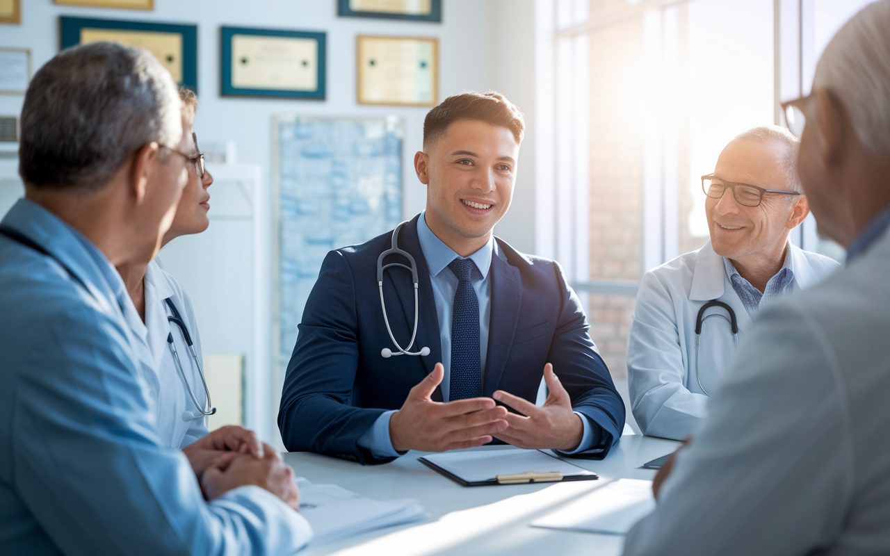 A medical candidate in formal attire engaged in an interview with a panel of senior physicians in a bright, modern medical office. The candidate shows a confident demeanor while presenting their accomplishments, and the panel is nodding in engagement. The background features awards and diplomas hanging on the wall, with a large window letting in natural sunlight, creating an atmosphere of professionalism and opportunity.