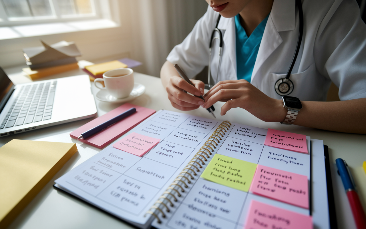 A medical student organized with a planner spread out on a desk, with notes on registration deadlines, ROL submissions, and interview schedules. The student is thoughtfully reviewing their plans with a focused expression, bathed in soft daylight filtering through a window. The desk has a tidy appearance, with a laptop, colorful sticky notes, and a cup of tea, evoking a sense of structure and preparation for the NRMP Match process.