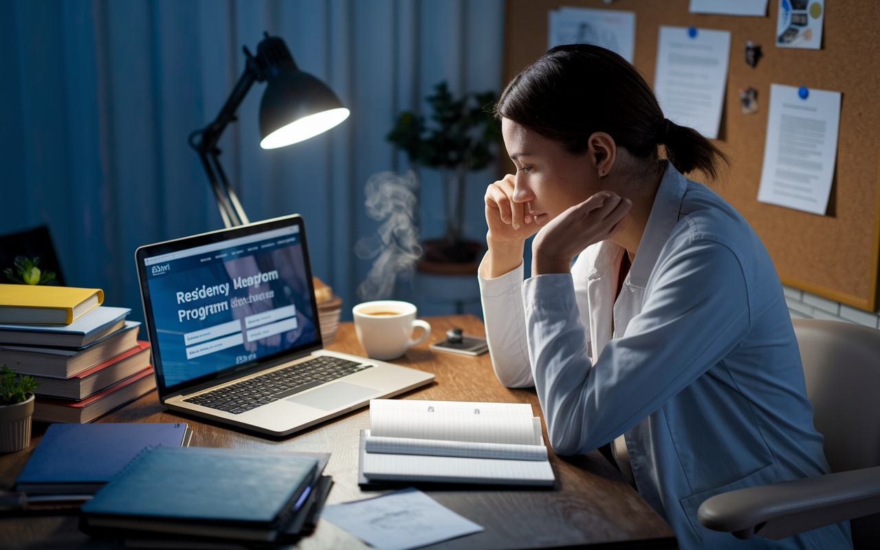 A focused medical student sitting at a cluttered desk in a cozy, well-lit study space surrounded by books and notes. A laptop displaying a residency program website is open, with the student deeply engrossed in research. A steaming cup of coffee sits nearby, adding to the late-night study ambiance. The atmosphere is one of anticipation, with pinned up deadlines and reminders on a corkboard in the background, symbolizing the dedication and effort required for the NRMP match.