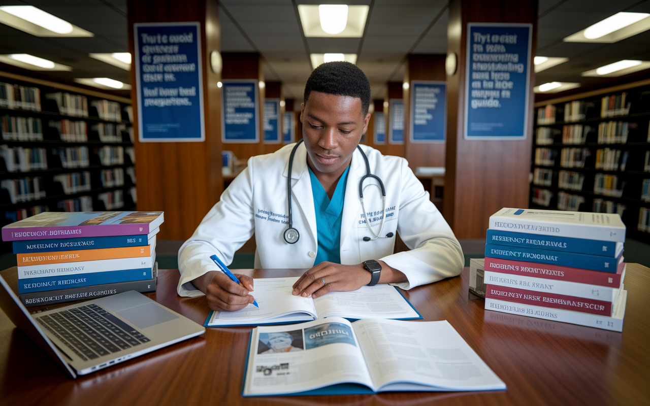 An aspiring medical resident sitting in a library, surrounded by stacks of medical journals and brochures from various residency programs. The student is intently taking notes while conducting online research on a laptop, highlighting important points from the program materials. The atmosphere is quiet and studious, with warm lighting illuminating the pages of a detailed program guide. Posters of inspirational medical quotes adorn the walls, encouraging diligence in research.