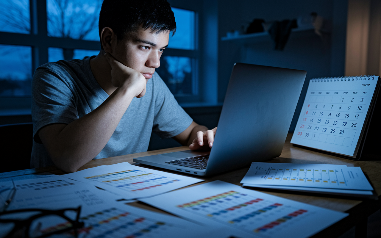 A focused student sitting in front of a laptop late at night, reviewing and finalizing their Rank Order List for residency applications. The glow of the screen casts a soft light on their thoughtful expression, with papers scattered around showing rankings and notes. A calendar displaying important deadlines is visible in the background, symbolizing the pressured urgency of the moment. The scene conveys a sense of concentration and the weight of making pivotal career decisions.