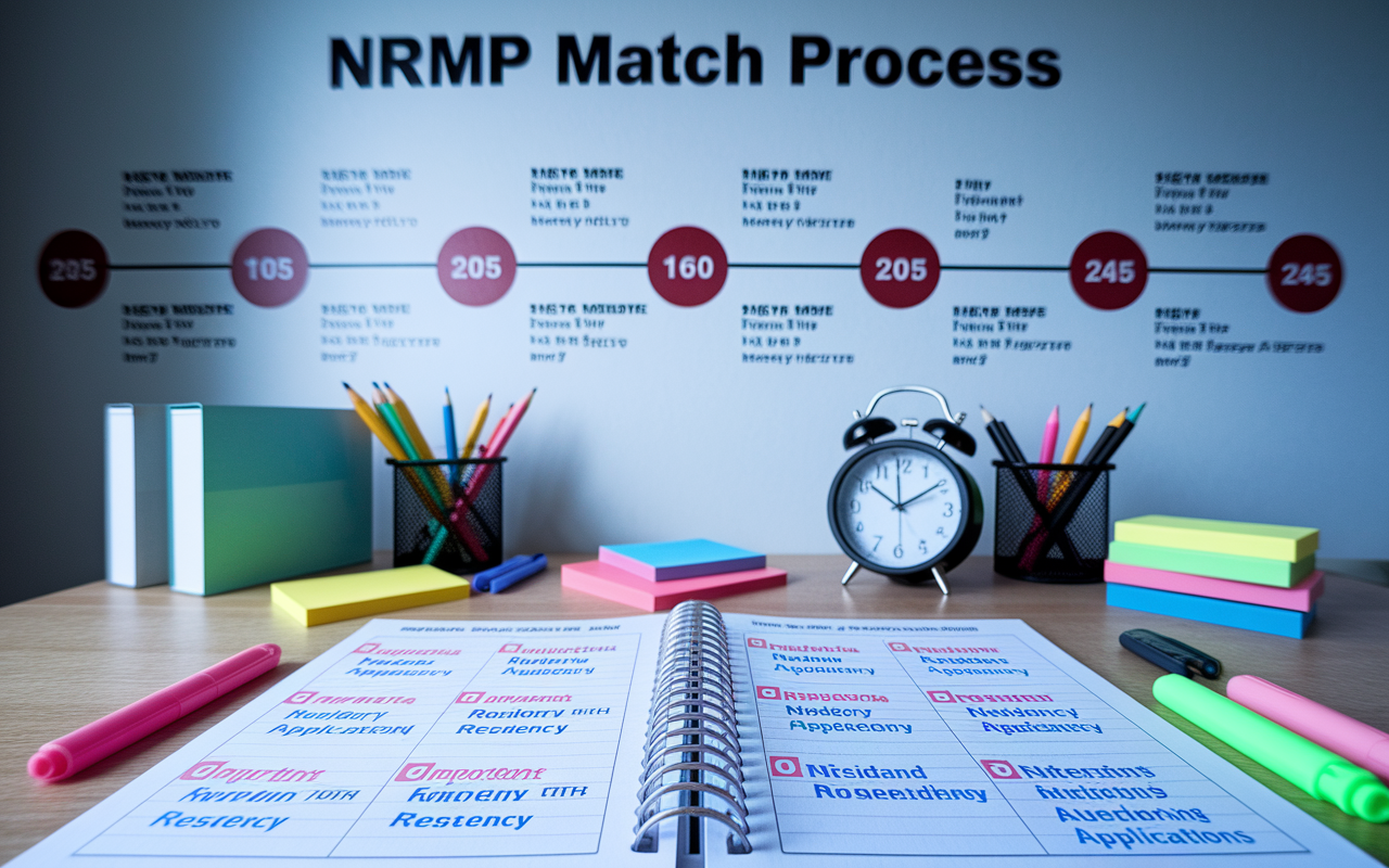 A meticulously organized desk featuring a planner open to a page filled with important dates related to residency applications. Stationery items such as sticky notes, highlighters, and a clock are prominently displayed, emphasizing the need for time management. A wall in the background is covered with a visual timeline of the NRMP match process, with prominent deadlines highlighted in red. The lighting is bright, indicating a sense of urgency and organization.