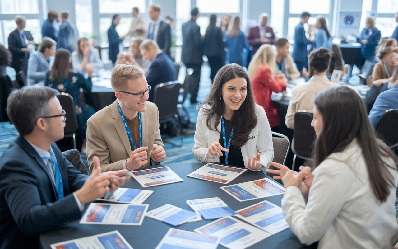 A lively scene at a medical conference where aspiring residents interact with faculty members and current residents at a networking event. Tables are adorned with flyers and information about various residency programs. Attendees are engaged in animated conversations, sharing experiences and advice, while stylish name badges enhance the professional atmosphere. The room is filled with bright, natural light, representing hope and opportunity in one's medical career.