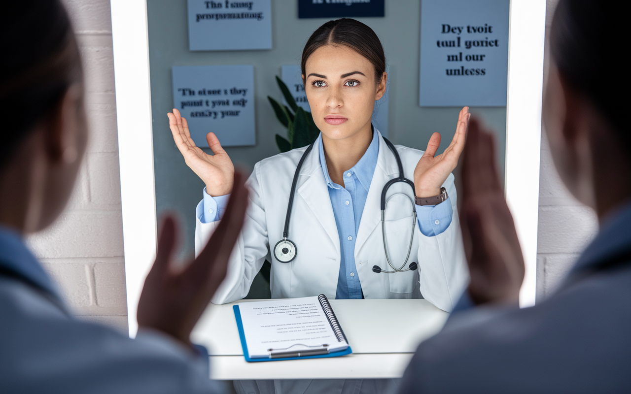 A medical student in professional attire practicing interview responses in front of a mirror. A notepad full of interview questions is laid out on a nearby table, showcasing thorough preparation. The student's expression reflects confidence and readiness, with a backdrop of motivational quotes pinned on the wall. A soft light illuminates the scene, enhancing the focus and determination of the preparation process.