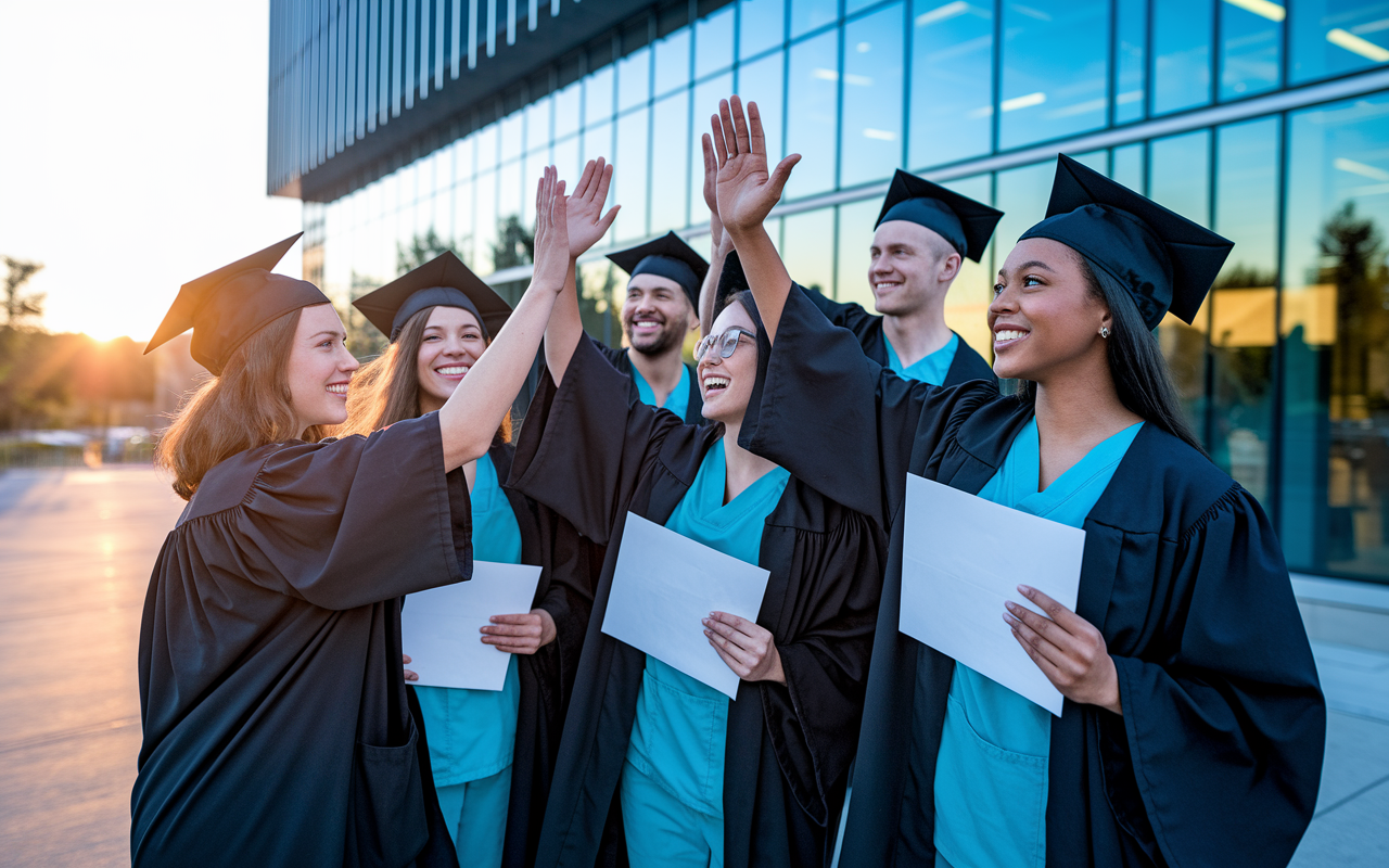 A joyful group of diverse medical graduates in caps and gowns standing outside a hospital, celebrating their successful match into residency programs. Some are giving high fives, while others hold up acceptance letters in excitement. The sun sets in the background, casting a warm glow over the scene, symbolizing new beginnings and triumphs in their medical careers. The hospital facade features glass windows reflecting the achievements of the newly matched residents.