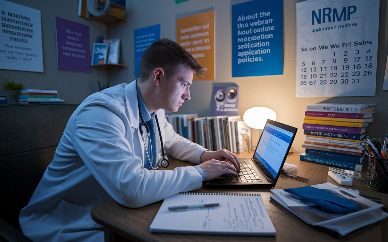 A focused medical student in a study room, intensely browsing the NRMP website on a laptop, surrounded by medical books and resources. The room is well-lit with a soft glow, creating a warm atmosphere. Various educational materials are on a wooden desk, including a notepad filled with notes from a recent webinar about residency application policies. Posters on the walls depict motivational medical quotes and a calendar highlighting important NRMP dates. The student shows determination and engagement in learning about complex application processes.