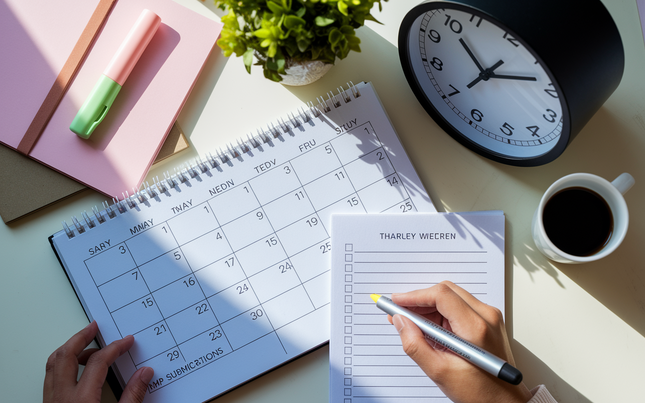 An overhead view of a meticulously organized calendar on a desk, displaying key deadlines for residency applications, interviews, and NRMP submissions. Nearby, a checklist is partially filled out, showcasing tasks being methodically completed. A highlighter sits beside a large wall clock, emphasizing the urgency of time management. The sunlight casts a warm glow over the desk, adding to the focused atmosphere. A cup of coffee and other study materials complete the scene, illustrating the importance of preparation and organization in the residency application process.