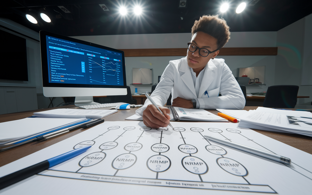 A thoughtful medical student analyzing a complex flowchart on the matching algorithm used by the NRMP, with pens and papers scattered on a large table filled with applications and notes. A computer screen in the background displays data visualizations related to applicant rankings and specialty preferences. The room is well-lit, with bright lights above enhancing focus. The student’s expression shows concentration and determination to understand this integral part of the residency match process.