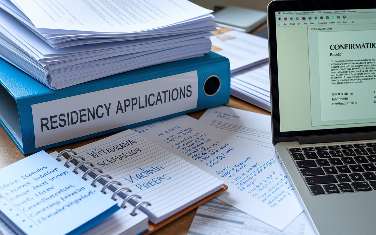 A desk cluttered with important documents, emails printed out, and a binder labeled 'Residency Applications' filled with organized papers. A notepad is visible with handwritten notes on withdrawal scenarios and communication reminders. A laptop displays a scanned confirmation receipt of an application submission, underlining the importance of documentation. The lighting is bright and focused, conveying a sense of serious commitment to maintaining records during the application process.