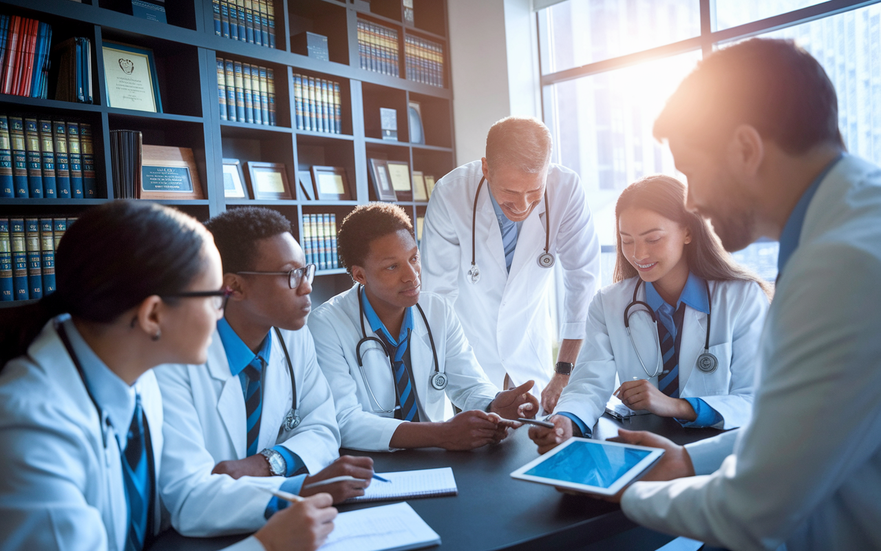 A group of medical students discussing strategies with a mentor in an academic office filled with medical reference books and awards. The mentor is pointing at a digital tablet, showcasing valuable insights and tips for residency applications. The atmosphere is one of collaboration, with all participants engaged and taking notes. Sunlight filters through a window, casting a warm glow over the scene, symbolizing the importance of mentorship and guidance in successfully navigating the NRMP process.