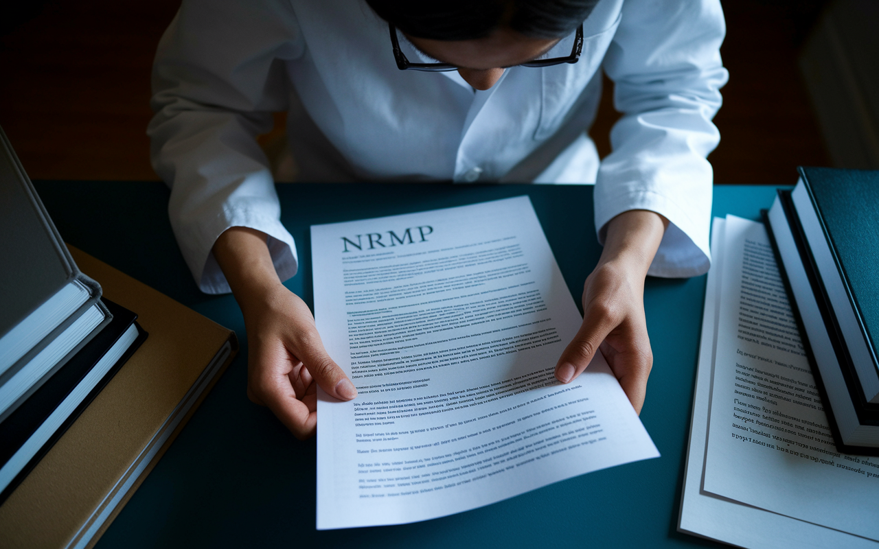 A medical student immersed in reviewing a detailed document outlining the consequences of NRMP violation scenarios, with a focused look on their face. The environment conveys seriousness, with low light and shadows, emphasizing the importance of understanding potential repercussions. The desk is filled with law books and articles discussing ethical compliance in medical applications, contributing to the gravity of the student’s situation and the careful consideration required when applying.