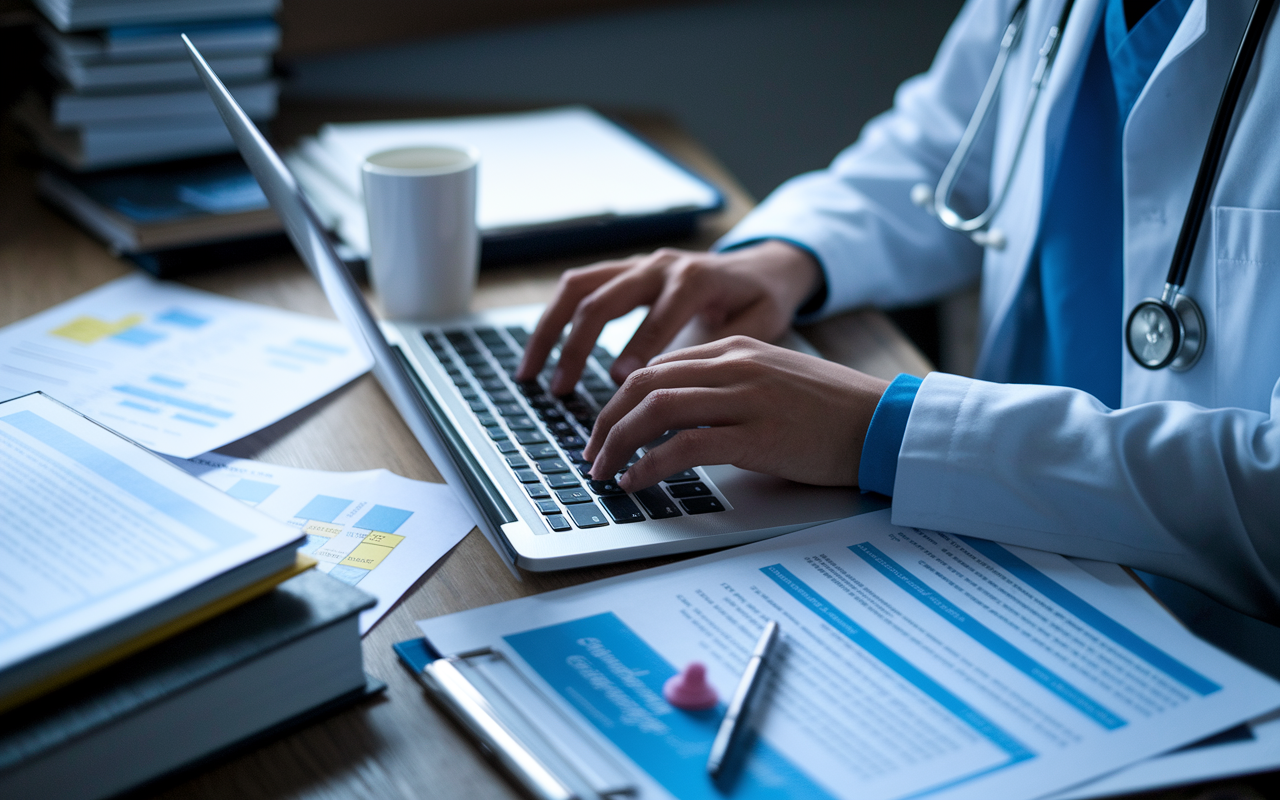 A close-up shot of a medical student's hands typing on a laptop, surrounded by papers with highlighted notes and a cup of coffee. The student's face is partially visible, showcasing a look of concern as they check details of their residency application. The environment suggests a dimly lit study room filled with medical textbooks, creating a sense of urgency and focus on the importance of honesty in applications.