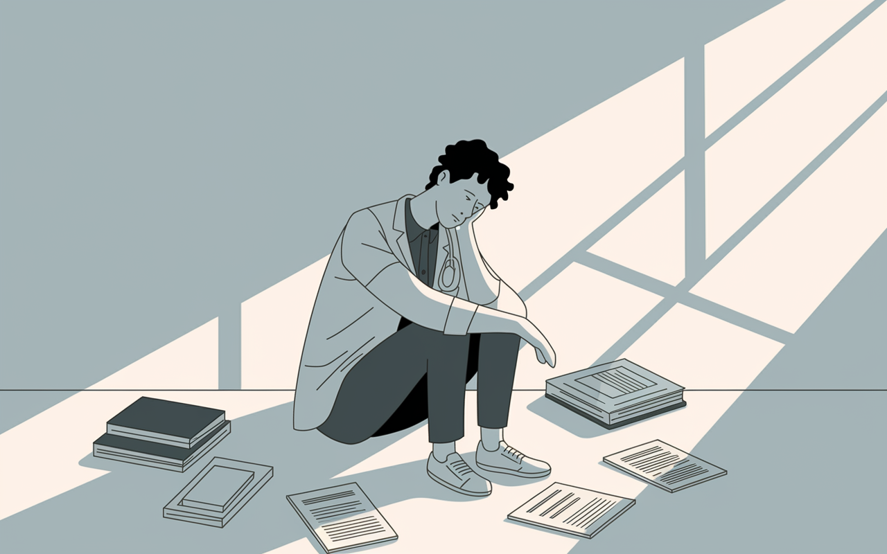 A somber illustration of a medical student sitting alone in a lightly furnished room, surrounded by their medical books and application materials. Their expression is one of despair and concern, as they contemplate the repercussions of potentially violating NRMP rules. The light comes from a single window, casting a shadow that emphasizes their isolation amidst the journey of their medical career.