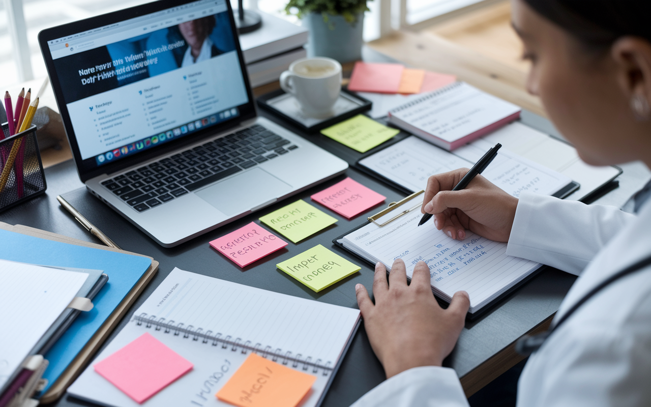 An organized desk filled with planners and calendars, with an open laptop displaying the NRMP website. A focused medical student is writing down notes and deadlines, surrounded by colored sticky notes indicating important dates. The lighting is bright and inviting, symbolizing the importance of preparation, responsibility, and ethical behavior in the residency application process.