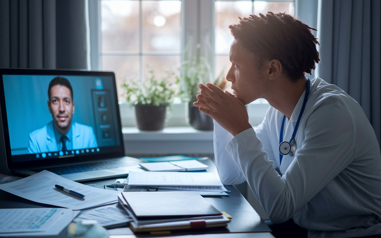 A concerned medical student seated at a table, engaging in a video call with a trusted mentor. The mentor’s face is visible on the screen, providing advice and support. Surrounding the student are scattered documents, a medical degree, and study materials, illustrating the weight of their decisions. Soft lighting through the window highlights the intensity of their conversation and emotional weight of the situation.