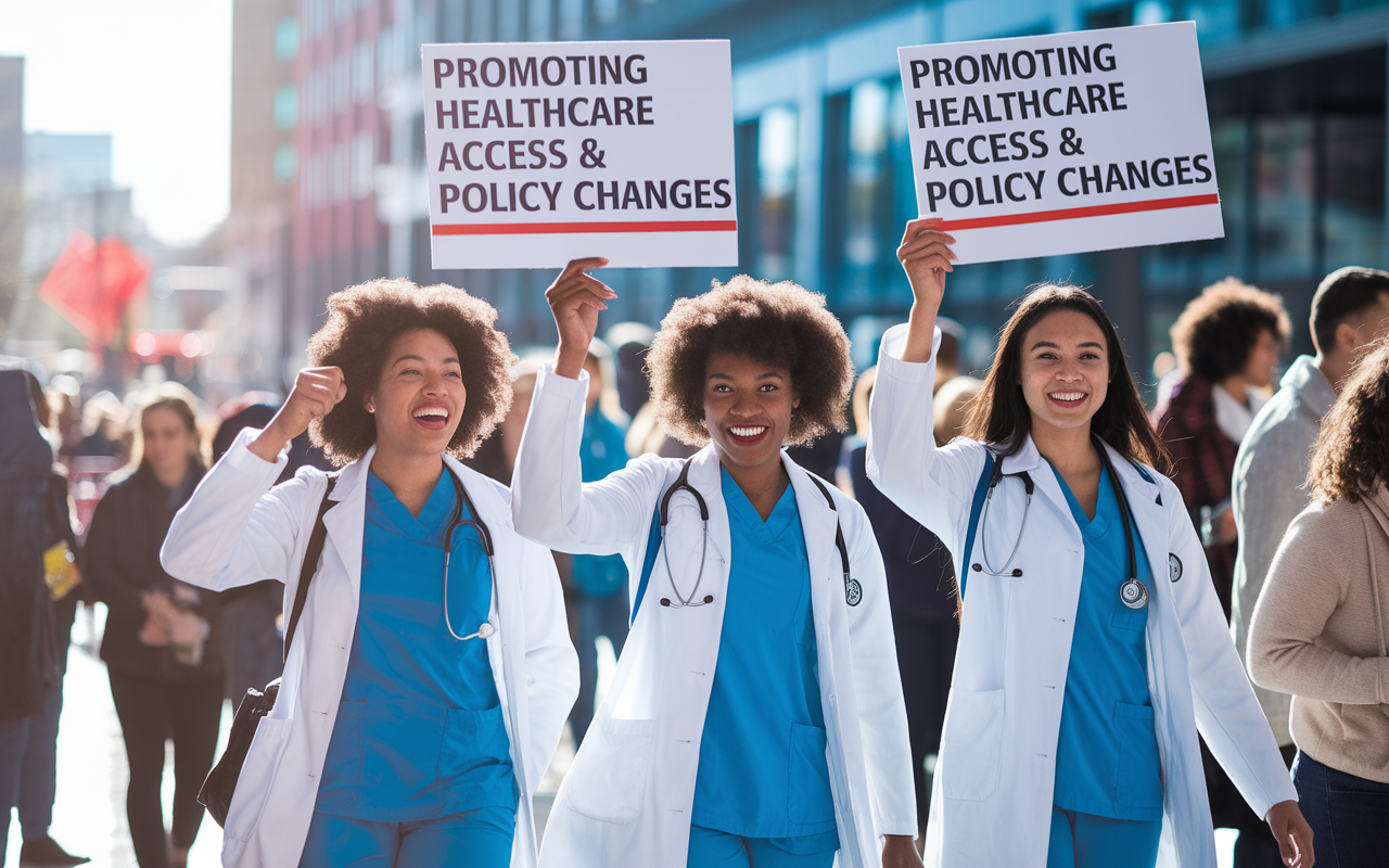 A powerful visual of a group of medical students actively participating in a public advocacy event. They are holding signs and banners promoting healthcare access and policy changes. The background shows a vibrant urban landscape with onlookers engaged in conversation. The students exhibit determination and passion in their expressions, embodying the spirit of change and activism with bright sunlight illuminating their efforts.