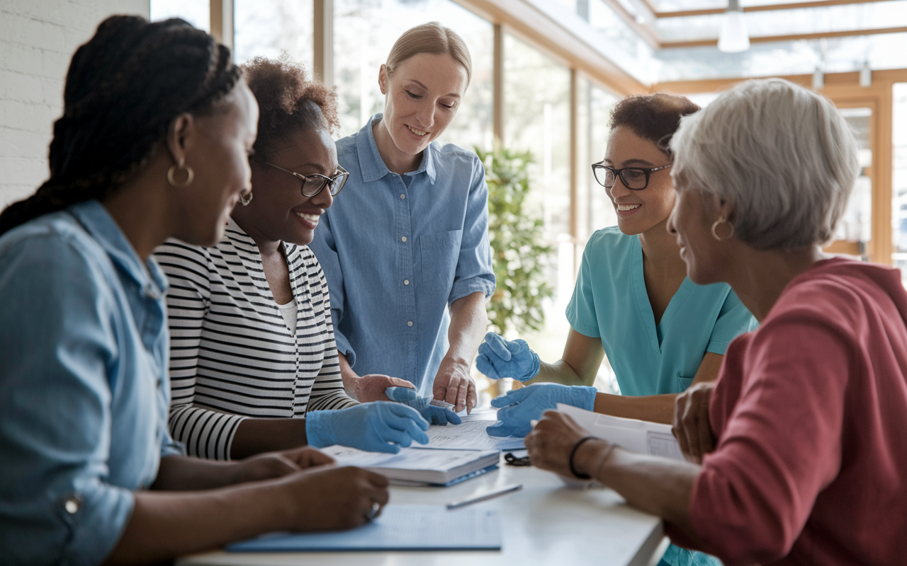 A heartfelt scene depicting AMSA members engaging in a community service project, working with a diverse group of individuals in a local underserved clinic. They are providing healthcare screenings and educational resources, showcasing compassion and commitment. The setting is warm and inviting, with a community spirit visible in their interactions. Natural light filters through the windows, enhancing the atmosphere of hope and improvement.