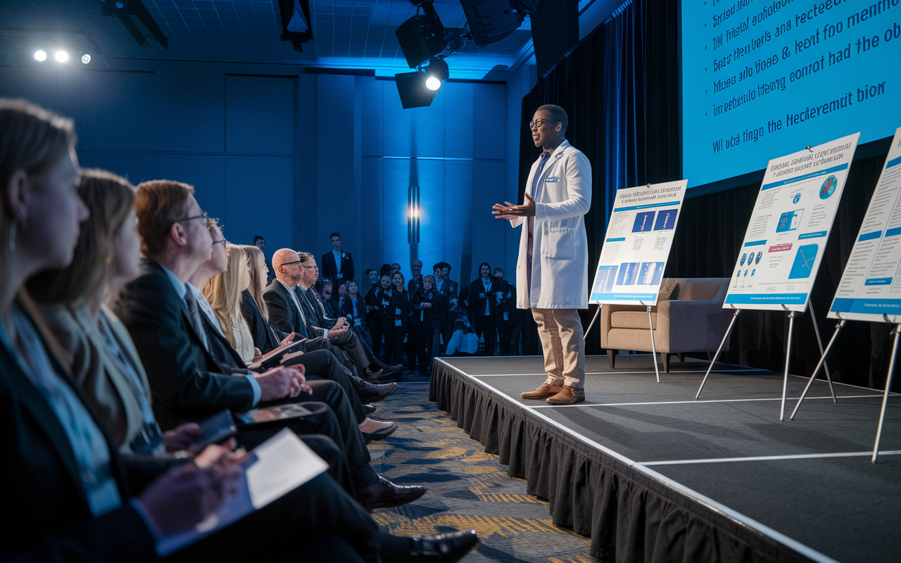 An inspiring moment as a medical student presents their research findings at a national conference. The scene captures an audience of attentive peers and faculty, captivated by the presentation. The stage is adorned with scientific posters and a projector screen highlighting key data and insights. Soft, professional lighting focuses on the presenter, who displays confidence and enthusiasm, showcasing the importance of academic achievement.