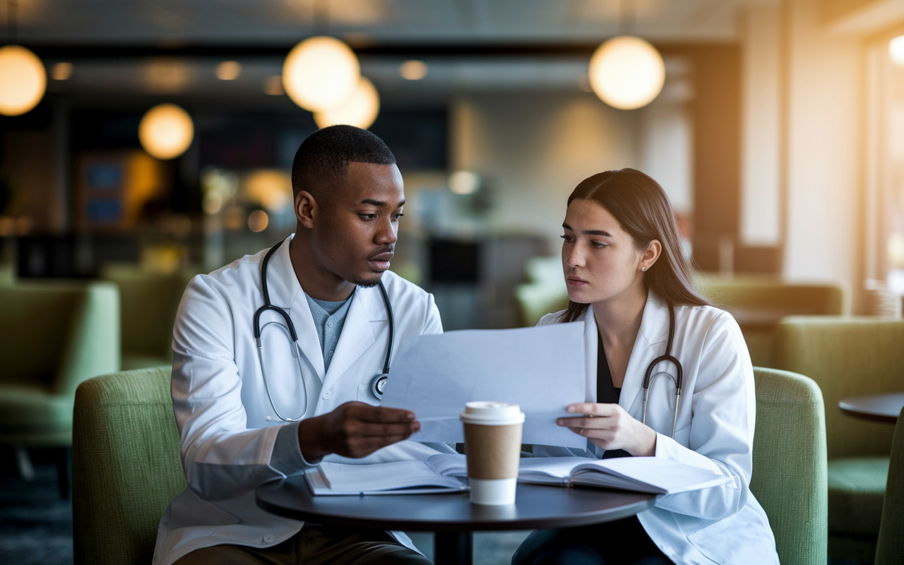 A tense, quiet scene in a university café. Two medical students, a Black male and a Hispanic female, are seated at a small table, sharing confidential documents. They look anxious, glancing around nervously, aware of the severity of discussing NRMP rankings. The lighting is warm and inviting, creating a contrast with the serious nature of their conversation, while textbooks and coffee cups lie scattered on the table.