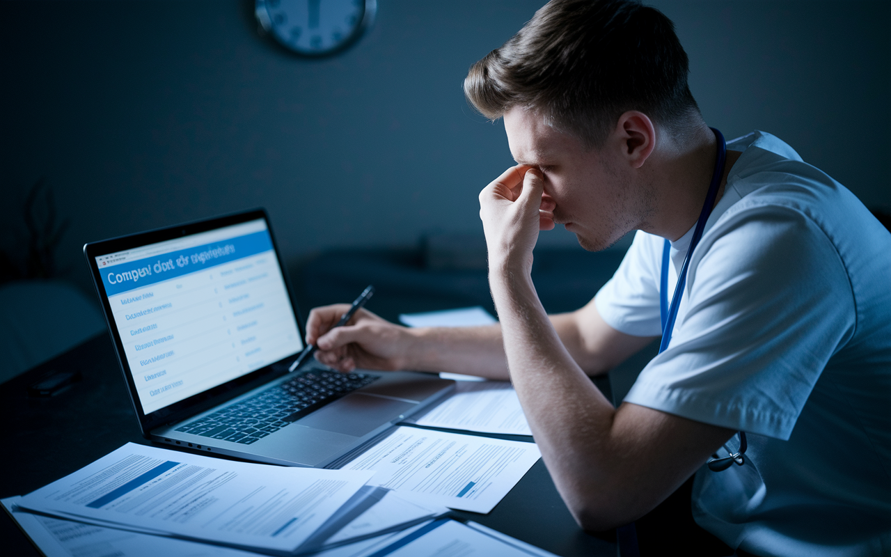 An over-the-shoulder view of a determined white male medical student filling out an online application, his laptop screen displaying a complex list of requirements. The room is dimly lit, and a wall clock shows the late hour. Papers are strewn about, highlighting the stress of completing a detailed application. A focus on the screen as he reviews essential documents, showcasing both anxiety and commitment.