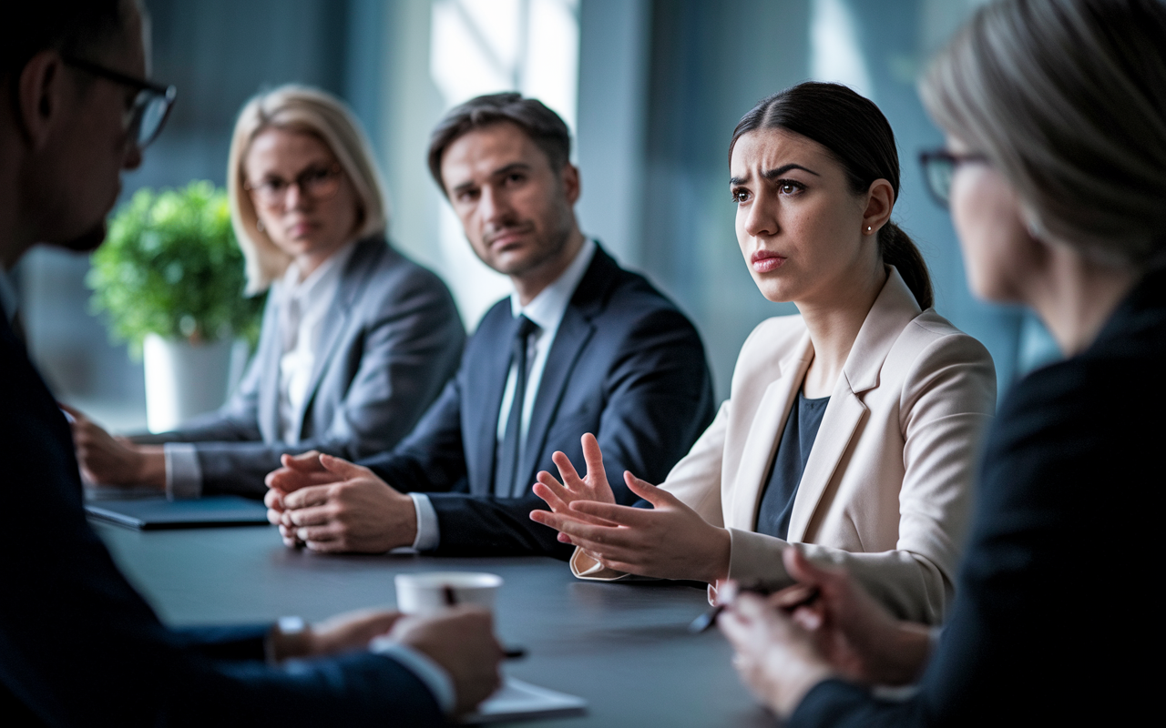 A close-up of a diverse panel of interviewers, seated at a sleek conference table, engaged in an interview with a nervous young female candidate. The candidate, a Middle-Eastern woman, presents confidently, yet with a hint of uncertainty, expressing her genuine experiences. Soft spotlighting highlights their focused expressions, while a small potted plant adds a touch of warmth to the otherwise formal environment.