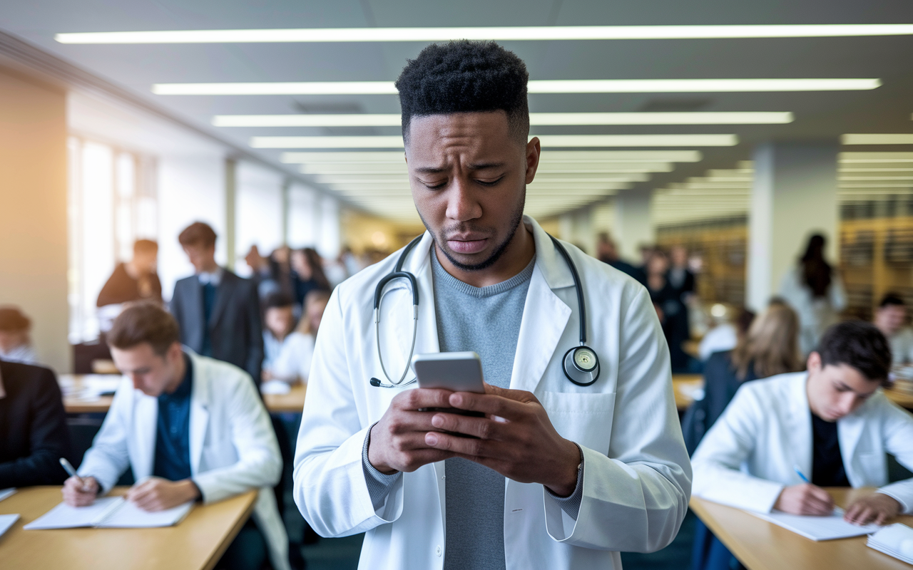 A young Black male medical student, looking at his phone in disbelief, has just received a waitlist offer notification. He is in a bright university library surrounded by his peers studying. The atmosphere is filled with energy, but his expression reflects anxiety and excitement. Other students are focused on their studies, providing a contrast to his moment of uncertainty. The soft glow of the library lights emphasizes the concern on his face.