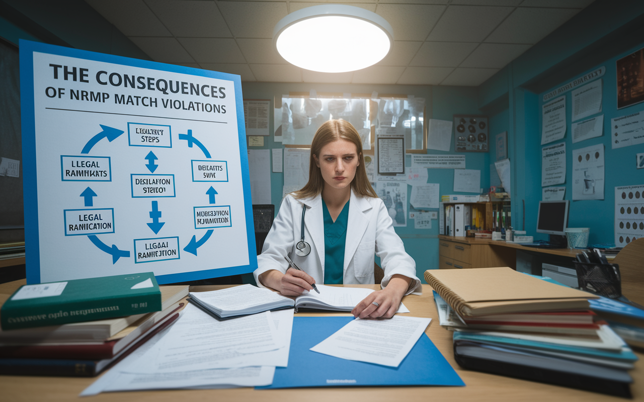 An informative visual displaying the consequences of NRMP match violations, such as a flowchart illustrating steps from disqualification to legal ramifications. In the background, a concerned medical student analyzes documents at a desk cluttered with application materials. The office is filled with medical books and posters, with a soft light overhead illuminating the space, enhancing the gravity of the situation.