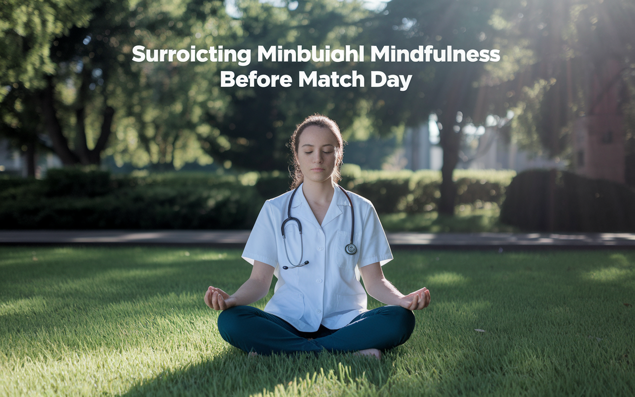 A meditative scene depicting a medical student in a serene environment, practicing mindfulness before Match Day. Surrounded by nature, sitting cross-legged on a soft green lawn, the student is reflecting with a calm expression. Dappled sunlight filters through trees, creating a tranquil atmosphere, illustrating the importance of mental preparation alongside academic diligence.