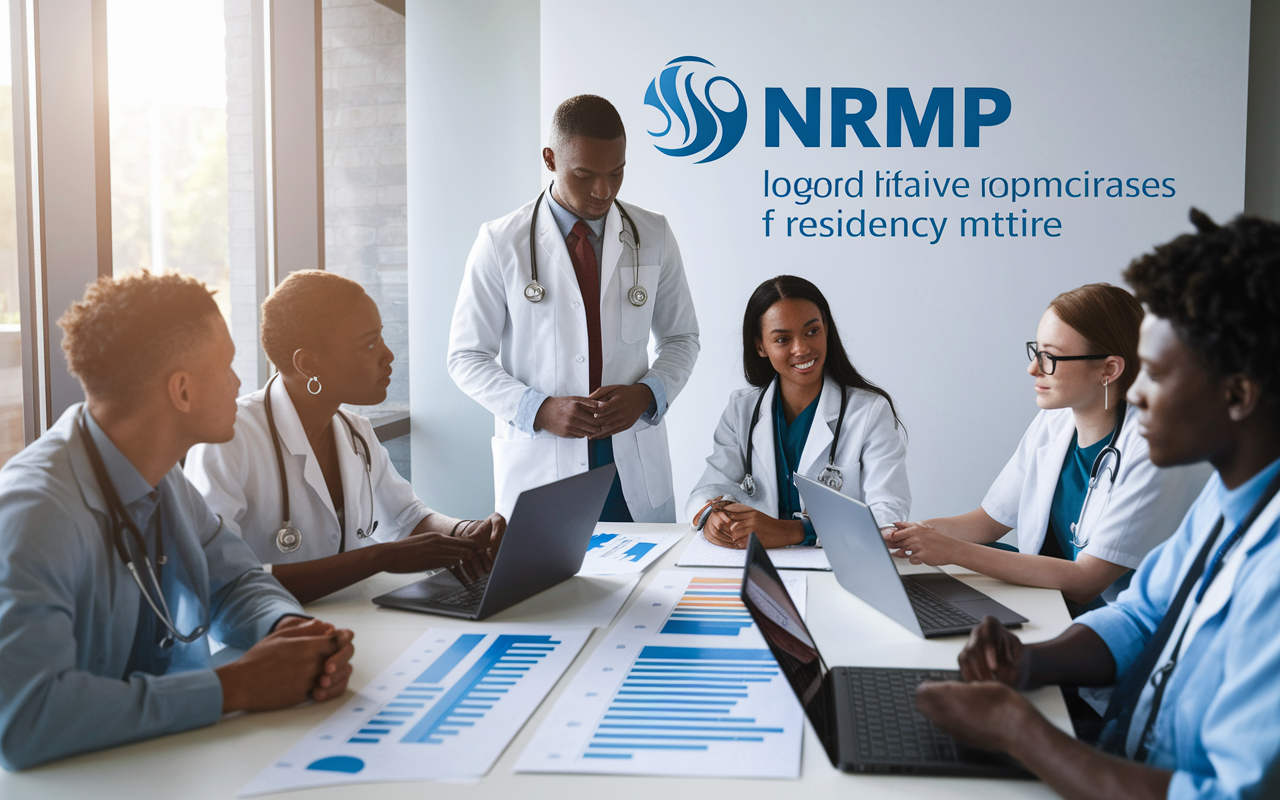 A professional setting depicting a group of diverse medical students gathered around a large table, engaging in deep discussion about their residency applications. On the table, laptops open with graphs and charts outlining the NRMP matching process. Soft, natural lighting filters through a window, creating a collaborative and focused atmosphere. The students are dressed in smart-casual attire, illustrating their commitment to their futures, while a large whiteboard in the background showcases the NRMP logo and key statistics related to the residency match.