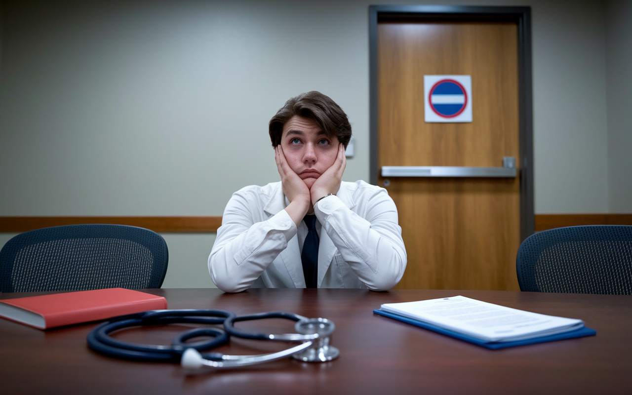 A disappointed medical student sitting in an empty conference room, staring at a closed door with a 'No Entry' sign. Their expressions reflect worry and despair after receiving a rejection letter from a preferred residency program. Subtle lighting creates a feeling of isolation, with personal items like a stethoscope and textbooks left on the table, symbolizing lost chances and the impact of non-compliance with NRMP rules.