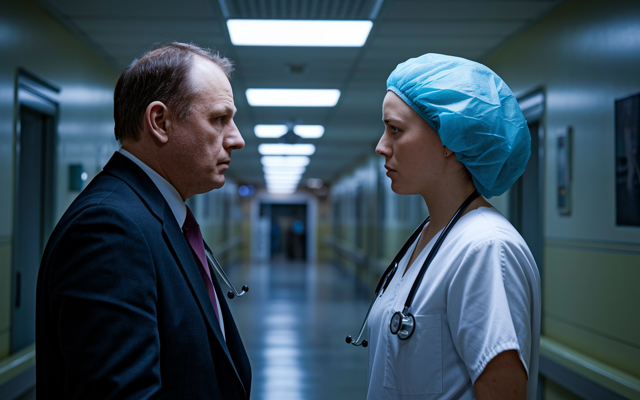 An emotional scene where a medical professional is facing their mentor in a dimly lit hospital hallway. The mentor's expression is one of disappointment, while the younger professional looks regretful, symbolizing the strain on their relationship due to breaches in NRMP rules. The setting is realistic, with medical equipment and dim fluorescent lights in the background, highlighting the serious tone of their conversation.