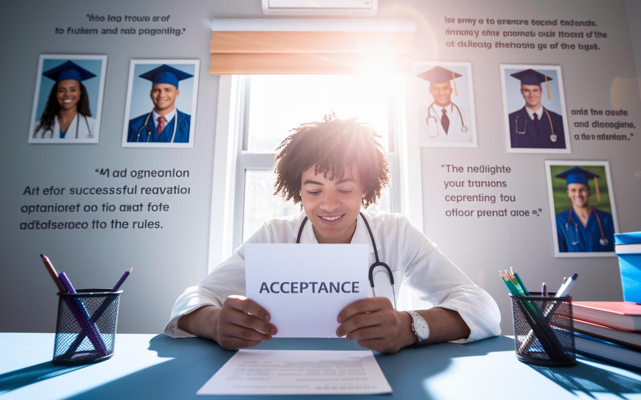 A hopeful medical student looking at their acceptance letter at their desk, surrounded by motivational quotes and images of medical graduates on the wall. Bright, warm sunlight floods the room, symbolizing optimism and future possibilities. The atmosphere conveys a sense of achievement and hope, representing the successful navigation of the NRMP process through adherence to the rules.