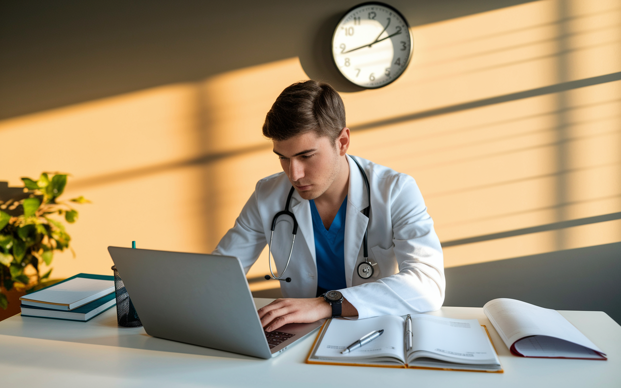 A focused medical student intensely reviewing the NRMP registration page on a laptop, seated at a clean, organized desk with study materials around. The setting is bathed in warm light, highlighting the student’s determination. A clock on the wall indicates the passing time as the student works diligently, symbolizing the urgency of meeting important registration deadlines.