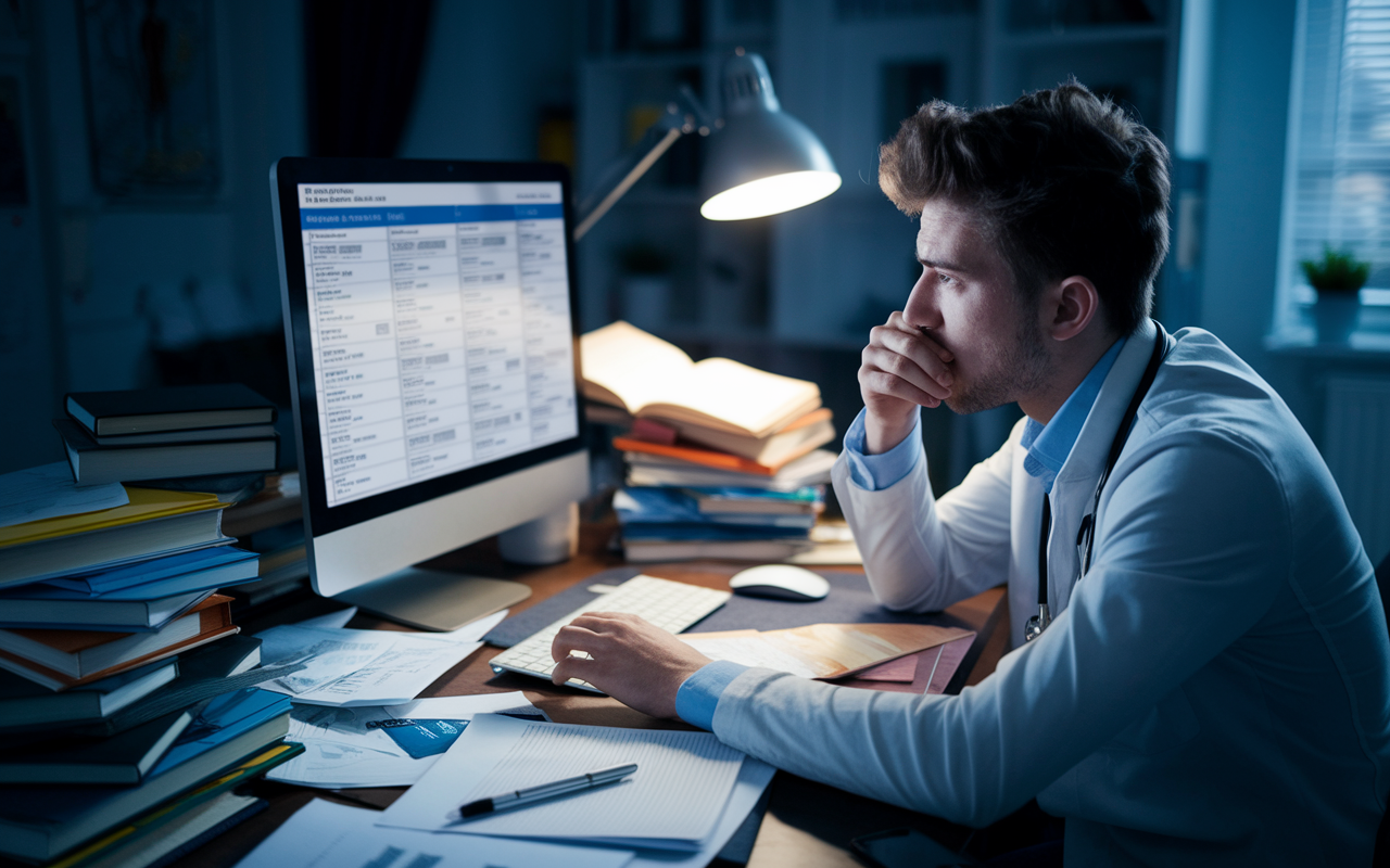 An anxious medical graduate reviewing unfilled residency spot listings on a computer screen, surrounded by a chaotic workspace filled with paper notes and medical books. The room is dimly lit, with a single lamp as the light source, highlighting the stress and urgency of the situation. Facial expressions depict concern and determination as the candidate prepares for the SOAP application process, emphasizing the high stakes involved.