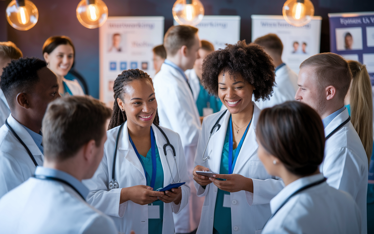 A vibrant scene of a group of diverse medical students collaborating at a networking event, exchanging ideas amidst a backdrop of medical posters and pamphlets. Warm overhead lights create an inviting atmosphere. The participants are engaged in lively discussions, with smiles and focused expressions, showcasing the importance of networking in the medical field. This dynamic presentation highlights the supportive community and professional relationships in medicine.