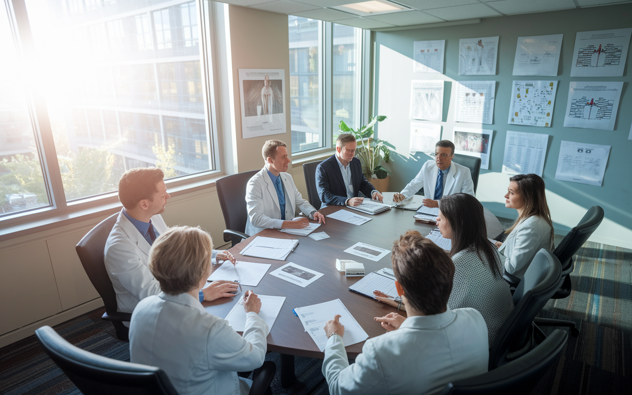 An engaging scene inside a residency program meeting room, where program directors are discussing candidates. The room is filled with natural light streaming through large windows, creating a bright and open atmosphere. Directors, both men and women, are seated around a large conference table covered with résumés and notes on potential candidates. Some are actively taking notes while others are engaged in discussion, highlighting the collaborative nature of the evaluation process. The room is decorated with medical charts and awards, emphasizing the professionalism and importance of the decision-making process.