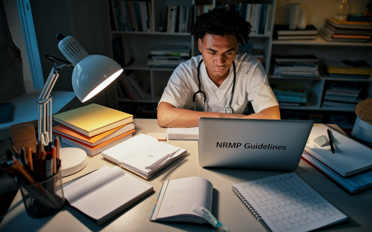 A focused medical student sitting at a cluttered desk in a study area, deeply engaged in reading the NRMP guidelines on a laptop. The room is lit by a warm desk lamp, creating a cozy yet studious atmosphere. Surrounding the student are several medical textbooks, open notebooks filled with notes, and a calendar marked with important deadlines. The expression of determination on the student's face conveys the seriousness of preparing for the Match.