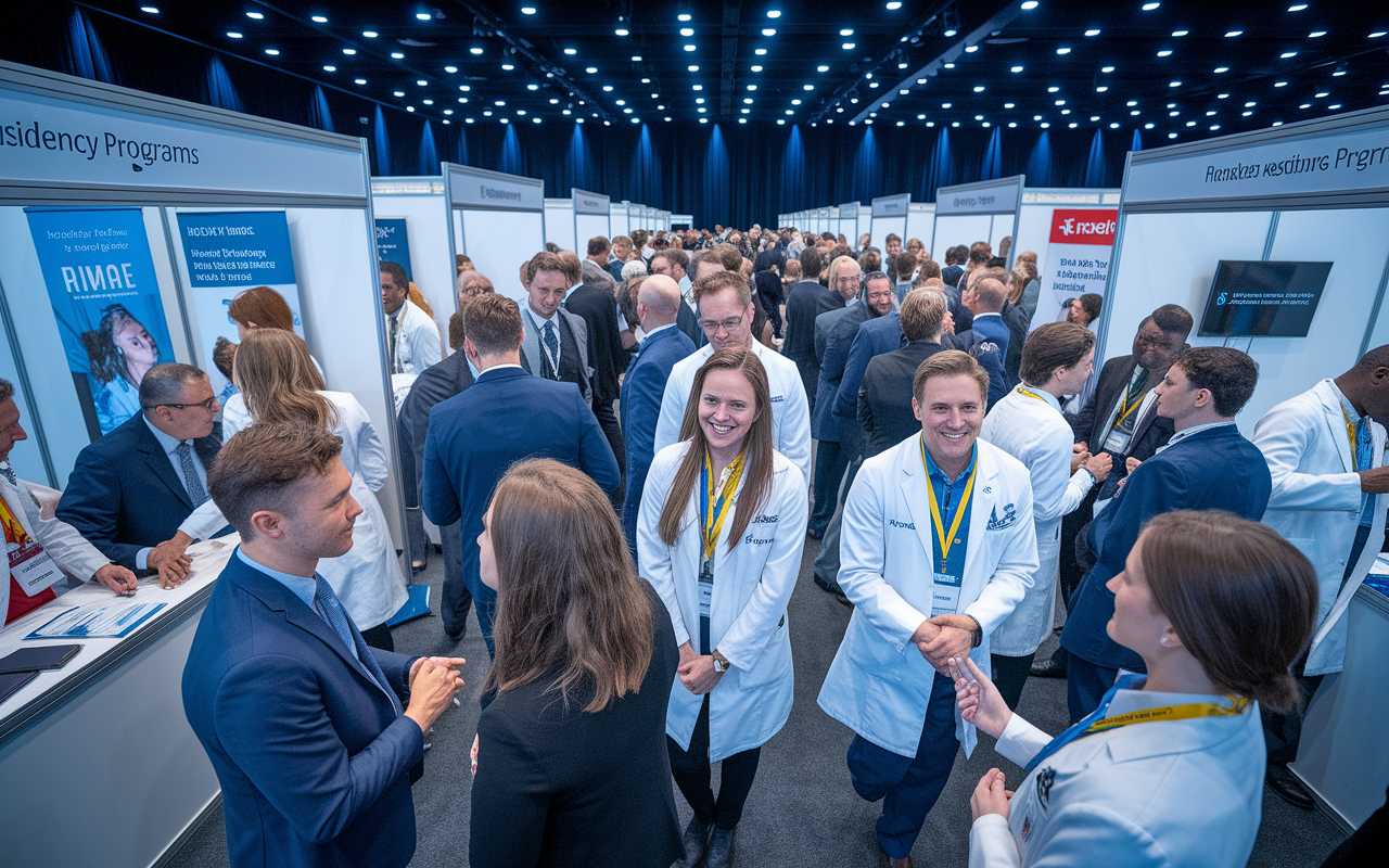 A vibrant scene at a medical conference where aspiring residents network with program directors and experienced physicians. The room is filled with attendees engaging in animated conversations in front of display booths representing various residency programs. Doctors in white coats and suits are mixing with students in business casual attire, shaking hands and exchanging contact information. The atmosphere is buzzing with excitement and possibility, captured under the bright lights of the venue.